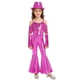 thumbnail image 1 of TiaoBug Kids Girls Off Shoulder Fringe Jumpsuit Disco Outfit for Retro Themed 70s Party & Stage Performance Hot Pink 14, 1 of 7