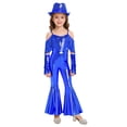 thumbnail image 1 of TiaoBug Kids Girls Off Shoulder Fringe Jumpsuit Disco Outfit for Retro Themed 70s Party & Stage Performance Royal Blue 10, 1 of 7