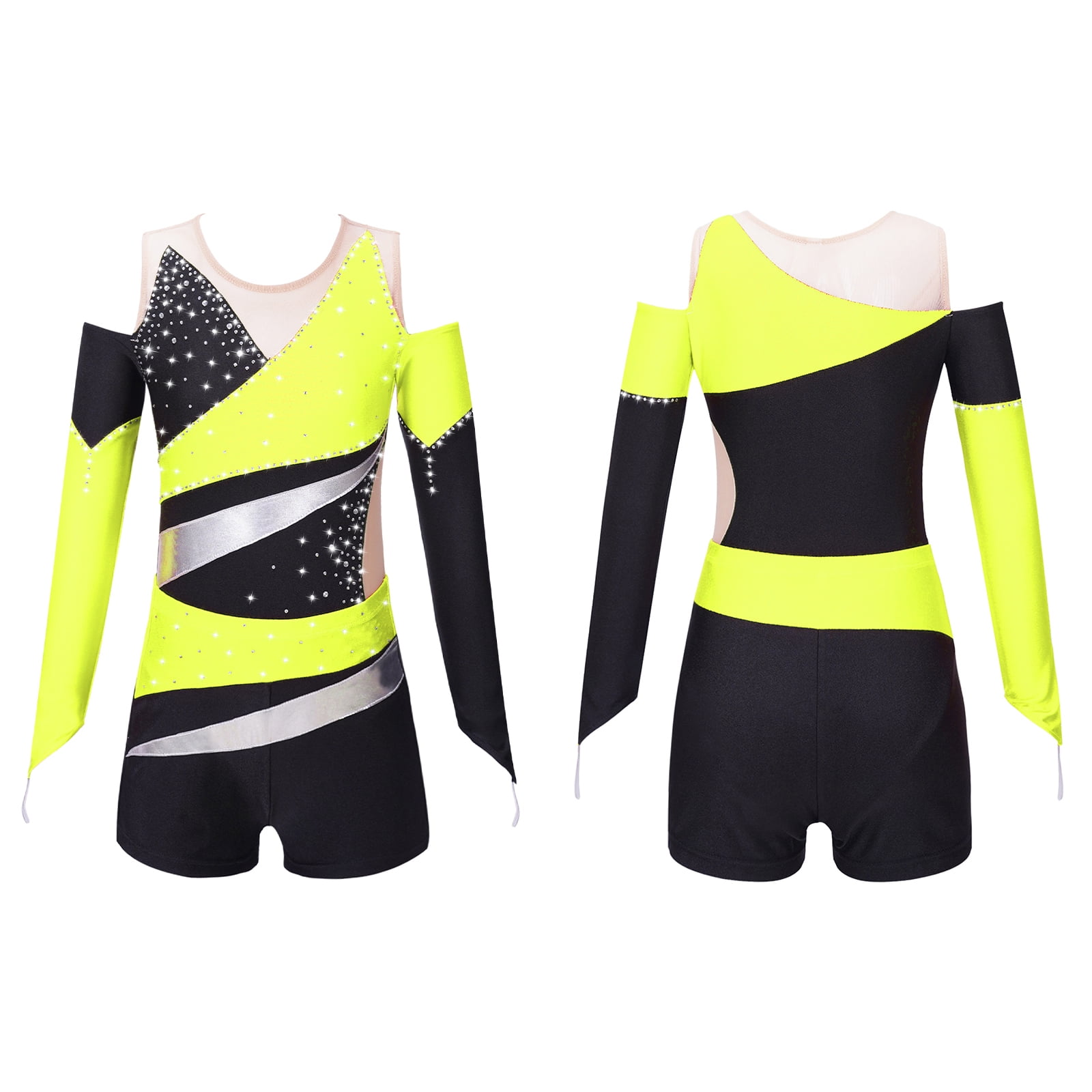 TiaoBug Girls Metallic Ballet Dance Outfits Long Sleeve Gymnastic Leotard With Booty Shorts Sparkle Tracksuit Blue Green 4