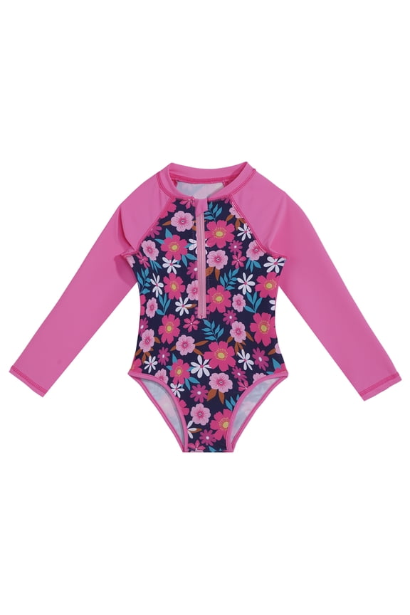 Kids Girls One Piece Hawaii Palm Trees Swimsuit Long Sleeve Rash Guard Swim Shirt Swimwear Bathing Suit