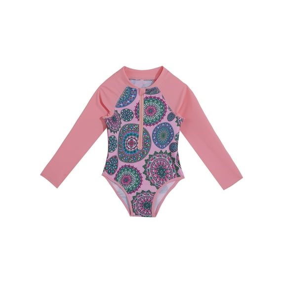 TiaoBug Kids Girls One Piece Hawaii Palm Trees Swimsuit Long Sleeve Rash Guard Swim Shirt Swimwear Bathing Suit