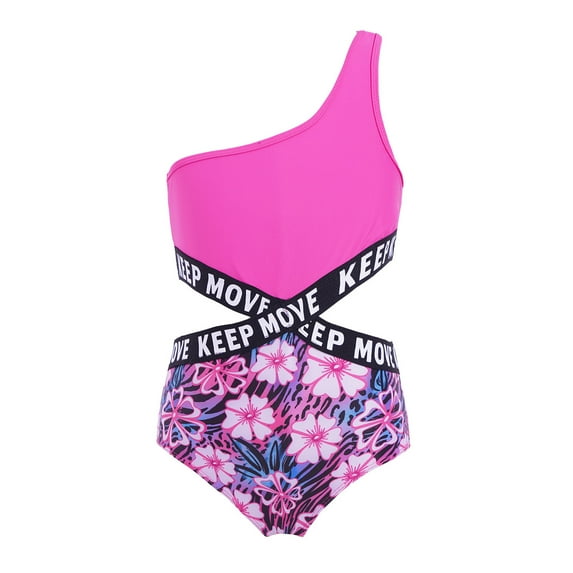 TiaoBug Kids Girls One Piece Swimsuit One Shoulder Swimwear Bikini Bathing Suit 4-16