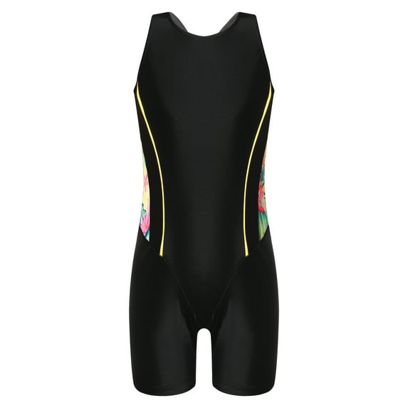 TiaoBug Kids Girls One Piece Swimsuit Sleeveless Monokini Swimwear Open Back Print Short Jumpsuit Yellow&Black 6