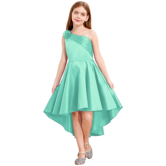 TiaoBug Kids Girls One Shoulder Flower Girl Wedding Bridesmaid Dress Sleeveless Princess High Low Dresses Turquoise 6