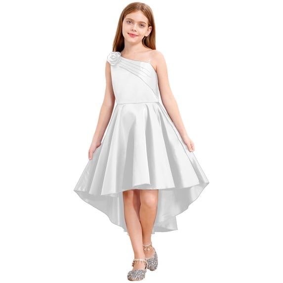 TiaoBug Kids Girls One Shoulder Flower Girl Wedding Bridesmaid Dress Sleeveless Princess High Low Dresses White 10