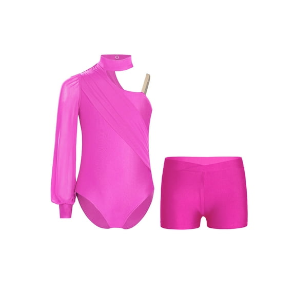 TiaoBug Kids Girls One Shoulder Long Sleeve Ruched Mesh Gymnastic Leotard Unitard Ballet Dance Outfit Hot Pink 6