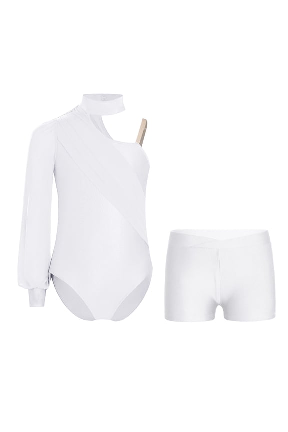 Kids Girls One Shoulder Long Sleeve Ruched Mesh Gymnastic Leotard Unitard Ballet Dance Outfit White 10