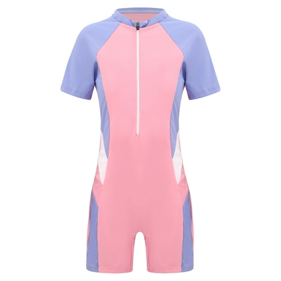 TiaoBug Kids Girls One-piece Swimsuit Wetsuit Short Sleeve Padded Zipper Surfing Bathing Suit Pool Beach Swimwear Pink 12