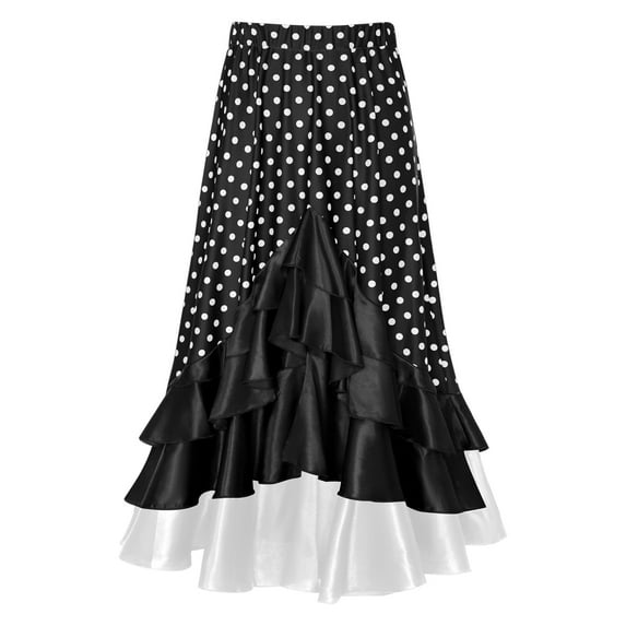 TiaoBug Kids Girls Polka Dots Layered Ruffle Flamenco Skirt Spanish Folklorico Gypsy Full Circle Dance Skirts Black 10