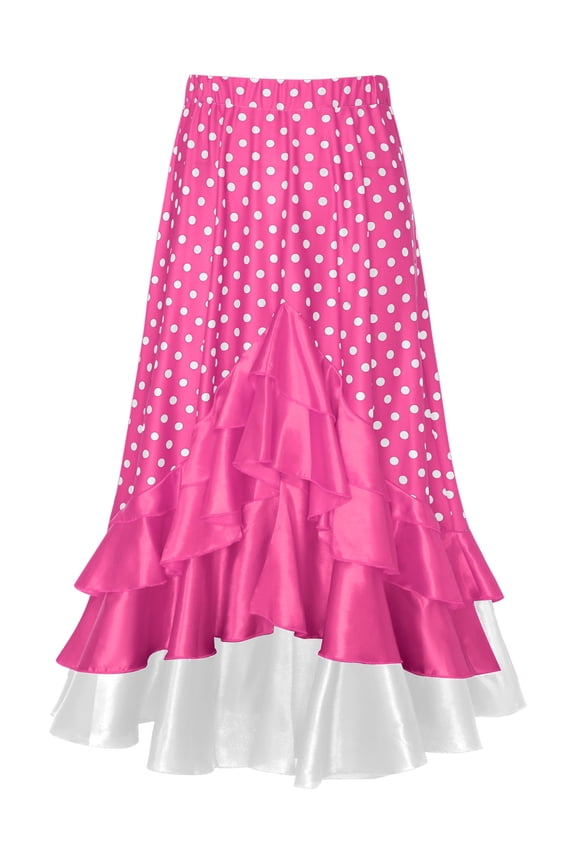 Kids Girls Polka Dots Layered Ruffle Flamenco Skirt Spanish Folklorico Gypsy Full Circle Dance Skirts Hot Pink 12