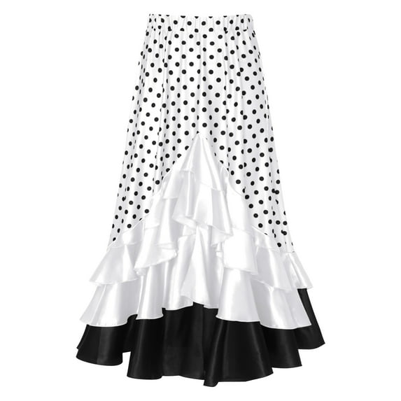 TiaoBug Kids Girls Polka Dots Layered Ruffle Flamenco Skirt Spanish Folklorico Gypsy Full Circle Dance Skirts White 10