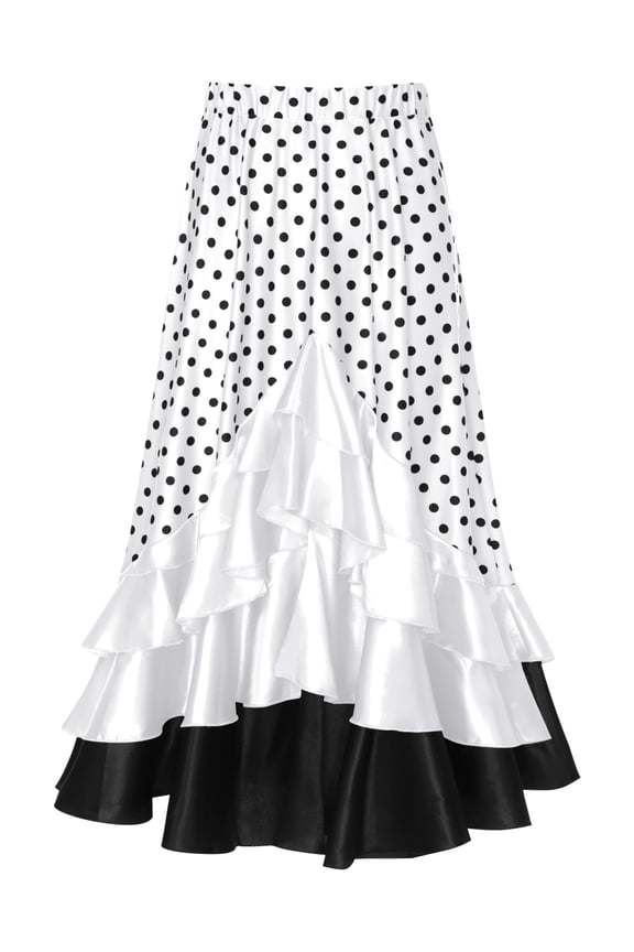 Kids Girls Polka Dots Layered Ruffle Flamenco Skirt Spanish Folklorico Gypsy Full Circle Dance Skirts White 6