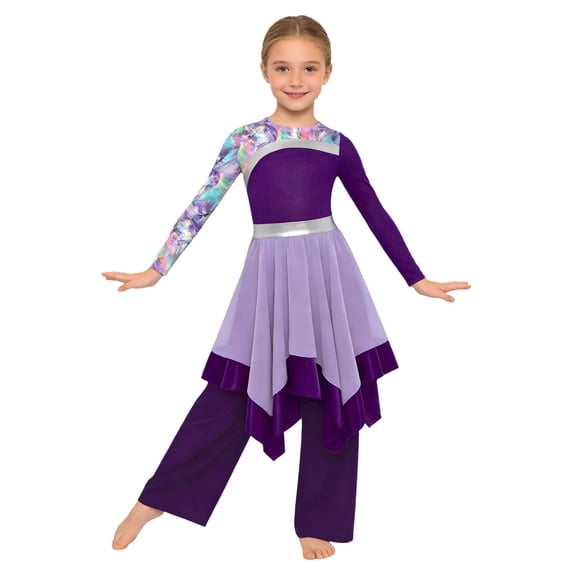 TiaoBug Kids Girls Praise Dance Outfit Camouflage Printed Worship Dance Dress with Wide Leg Pants Liturgical Dancewear Purple 16