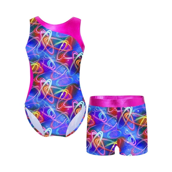 TiaoBug Kids Girls Printed Gymnastics Leotards Sleeveless Ballet Dance Bodysuit with Shorts 2Pcs Sportswear Shading Blue 16