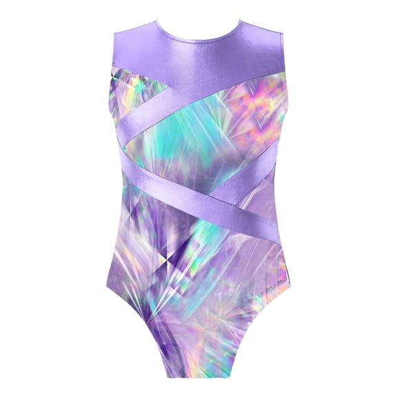 TiaoBug Kids Girls Printed Metallic Dance Gymnastic Leotard Sleeveless Hollow Out Bodysuit Lavender 4