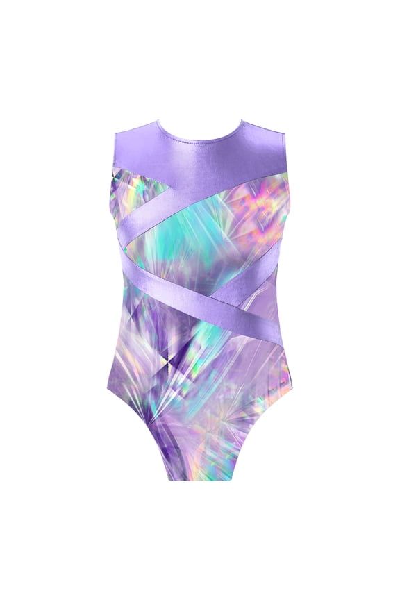Kids Girls Printed Metallic Dance Gymnastic Leotard Sleeveless Hollow Out Bodysuit Lavender 4