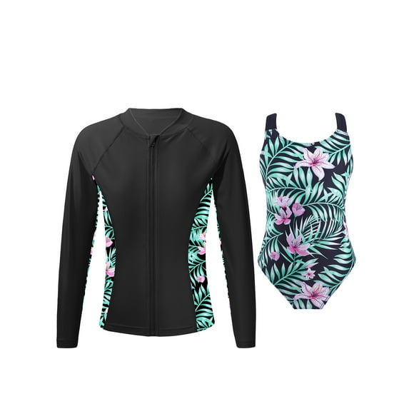 TiaoBug Kids Girls Printed Swimwear Long Sleeve Rash Guard Swim Top with One Piece Swimsuit Set Black 16