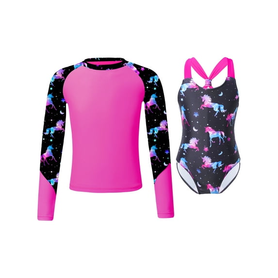 TiaoBug Kids Girls Printed Swimwear Long Sleeve Rash Guard Swim Top with One Piece Swimsuit Set Night Pegasus 10