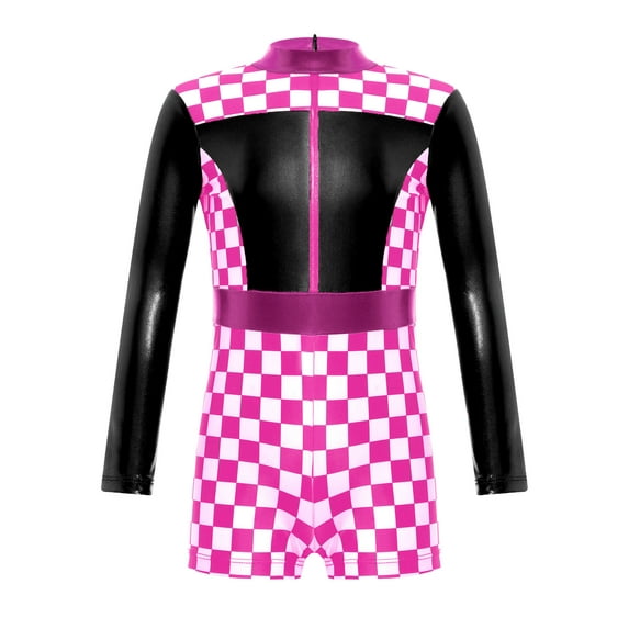 TiaoBug Kids Girls Race Car Racer Costume Kids Long Sleeve Checkerboard Print Jumpsuit Dancewear Black 10
