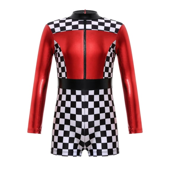 TiaoBug Kids Girls Race Car Racer Costume Kids Long Sleeve Checkerboard Print Jumpsuit Dancewear Red 12