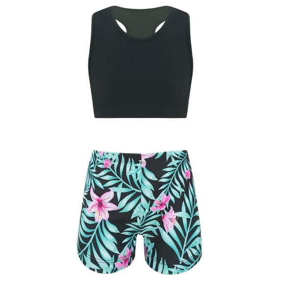 TiaoBug Kids Girls' Racer Back Crop Top and Love Dance Athletic Booty Shorts Set for Sports Workout Swimming
