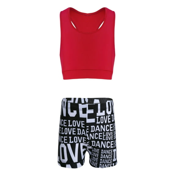 TiaoBug Kids Girls' Racer Back Crop Top and Love Dance Athletic Booty Shorts Set for Sports Workout Swimming