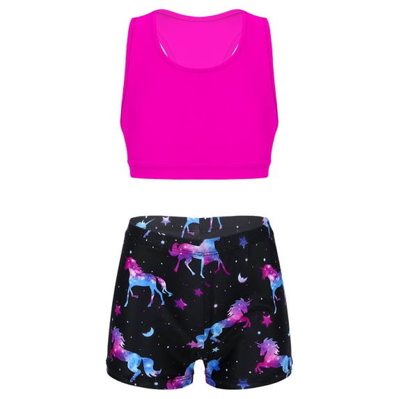 TiaoBug Kids Girls' Racer Back Crop Top and Love Dance Athletic Booty Shorts Set for Sports Workout Swimming