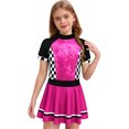 thumbnail image 1 of TiaoBug Kids Girls Racer Fancy Dress Checkerboard Sequins Short Sleeve Leotard Dress Dance Party Summer Wear Hot Pink 10, 1 of 5