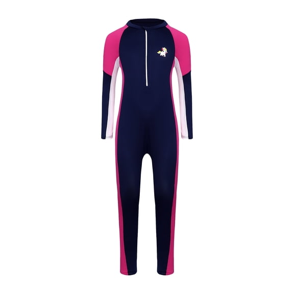 TiaoBug Kids Girls Rash Guard One Piece Swimsuit UV Sun Protection Long Sleeve Swimwear Wetsuit Navy Blue 7-8