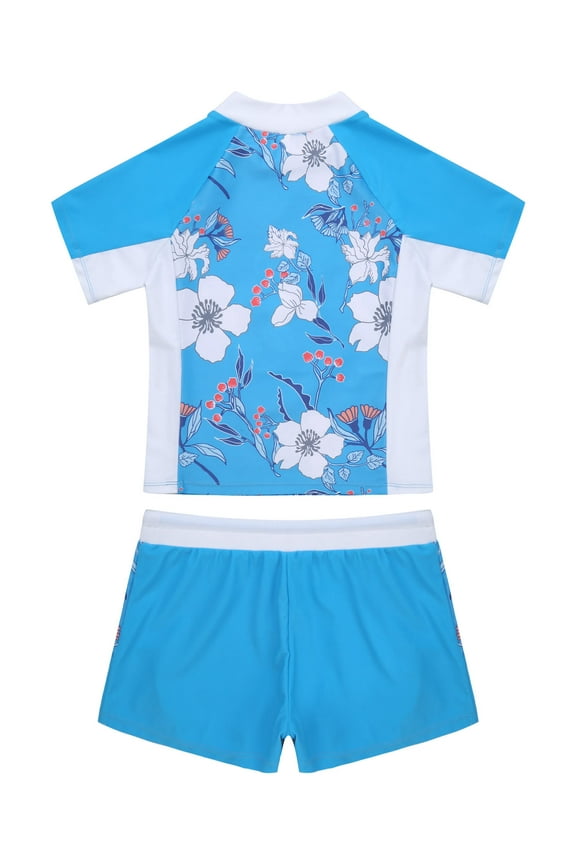 Kids Girls Rash Guard Swimsuit 2Pcs Sets Floral Print Short Sleeve Shirt with Booty Shorts Tankini Blue 10