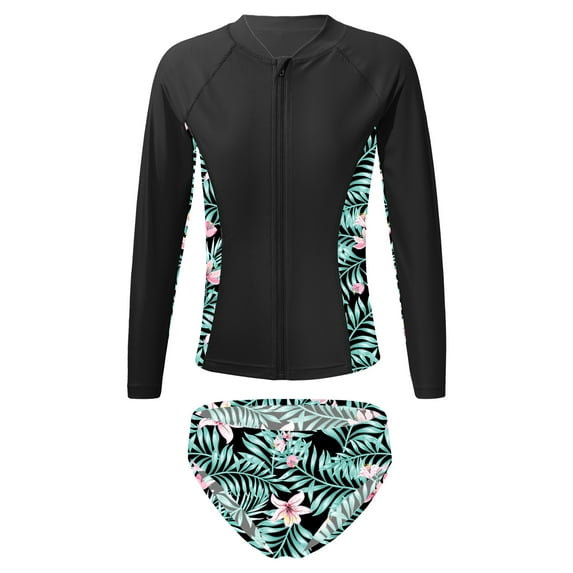 TiaoBug Kids Girls Rash Guard Swimsuit Sets Printed Long Sleeve Zipper Swim Tops with Briefs Seaside Bathing Suit Lily 12