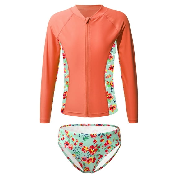 TiaoBug Kids Girls Rash Guard Swimsuit Sets Printed Long Sleeve Zipper Swim Tops with Briefs Seaside Bathing Suit Orange 6