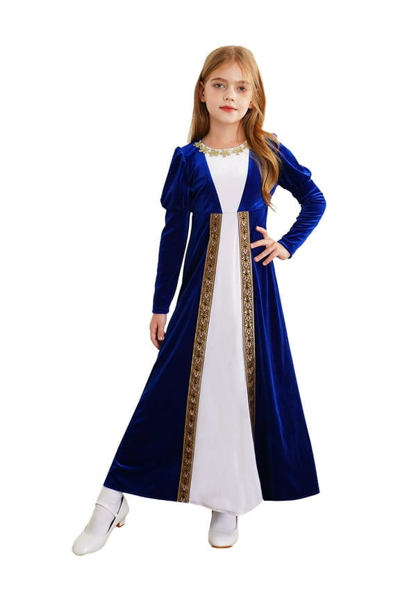 Kids Girls Renaissance Queen Velvet Vintage Maxi Dress Halloween Medieval Princess Fancy Dress Up Royal Blue 12