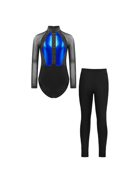 Kids Girls Rhinestone Color Block Gymnastic Dance Leotard Skating Jumpsuit with Leggings Set Blue 6