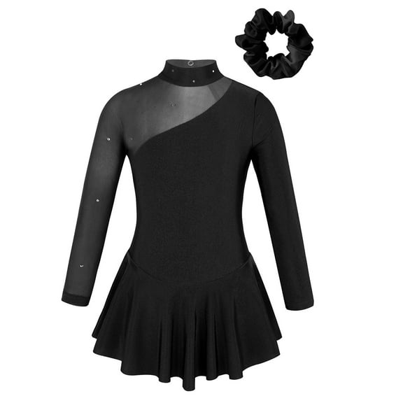 TiaoBug Kids Girls Rhinestone Figure Ice Roller Skating Dress with Hair Band Gymnastics Skirted Leotard Black 4