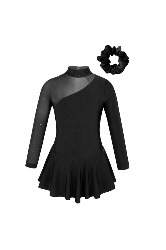 Kids Girls Rhinestone Figure Ice Roller Skating Dress with Hair Band Gymnastics Skirted Leotard Black 4