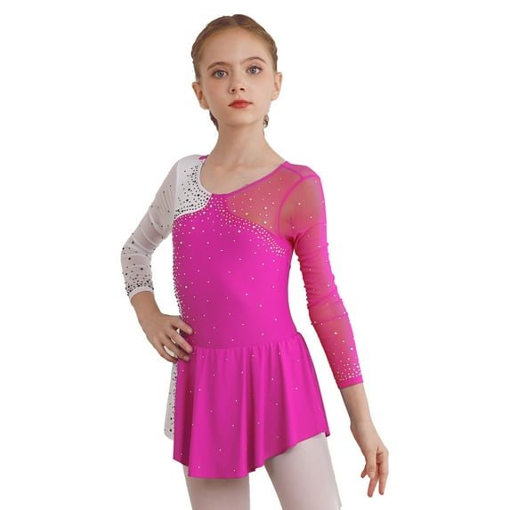 TiaoBug Kids Girls Rhinestone Figure Skating Dress Long Sleeve Dance Leotard Skater Performance Costume Rose 12