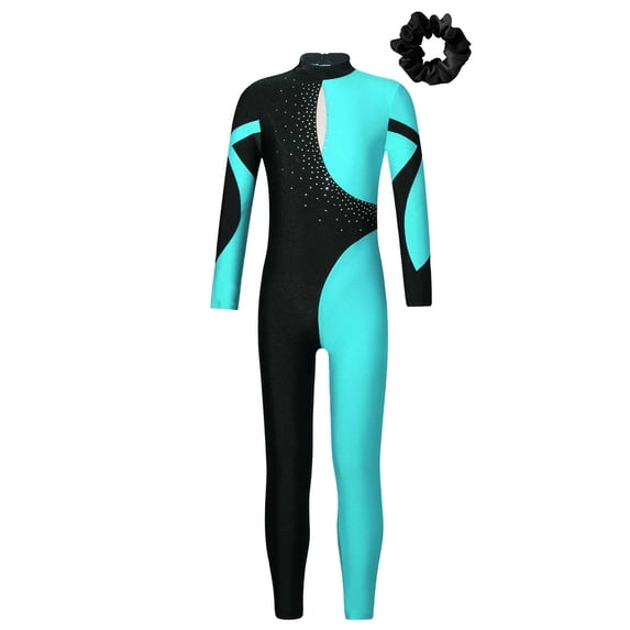 TiaoBug Kids Girls Rhinestone Full Length Gymnastic Bodysuit Contrast Color Ballet Leotard with Hair Band 2pcs Set Blue Green&Black 16