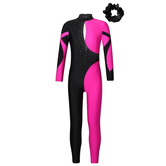 TiaoBug Kids Girls Rhinestone Full Length Gymnastic Bodysuit Contrast Color Ballet Leotard with Hair Band 2pcs Set Hot Pink 10