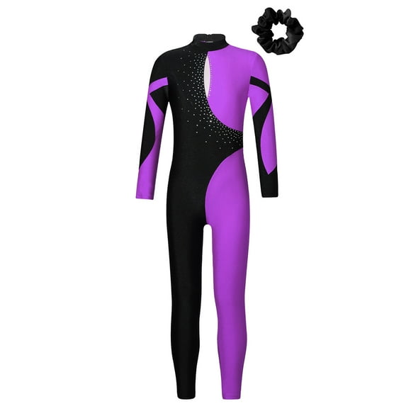 TiaoBug Kids Girls Rhinestone Full Length Gymnastic Bodysuit Contrast Color Ballet Leotard with Hair Band 2pcs Set Purple 12