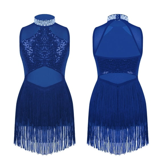 TiaoBug Kids Girls Rhinestone Latin Jazz Tap Dance Costume Sequins Sleeveless Tassel Leotard Dress Lyrical Dancewear Royal Blue 10