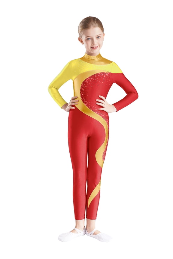 Kids Girls Rhinestone Long Sleeve Full Body Jumpsuit Ballet Dance Gymnastics Leotard Bodysuit Yellow&Red 8