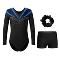 thumbnail image 1 of TiaoBug Kids Girls Rhinestone Long Sleeve Gymnastics Leotard Dance Bodysuit with Shorts Hair Band Set Blue 6, 1 of 5