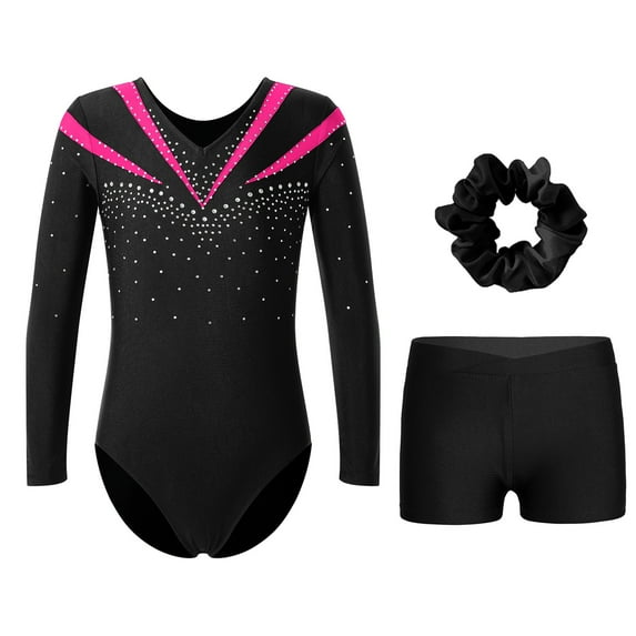TiaoBug Kids Girls Rhinestone Long Sleeve Gymnastics Leotard Dance Bodysuit with Shorts Hair Band Set Hot Pink 10