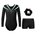 thumbnail image 1 of TiaoBug Kids Girls Rhinestone Long Sleeve Gymnastics Leotard Dance Bodysuit with Shorts Hair Band Set Light Green 6, 1 of 5