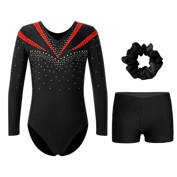 TiaoBug Kids Girls Rhinestone Long Sleeve Gymnastics Leotard Dance Bodysuit with Shorts Hair Band Set Red 10