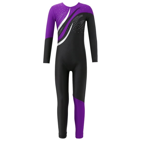 TiaoBug Kids Girls Rhinestone Long Sleeve Gymnastics Leotard Full Body Ballet Dance Bodysuit Skating Dancewear Purple 6