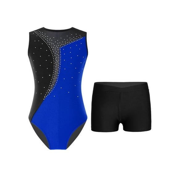TiaoBug Kids Girls Rhinestone Sleeveless Gymnastics Dance Leotard with Short Set Gymnastic sports Tracksuit Royal Blue&Black 10