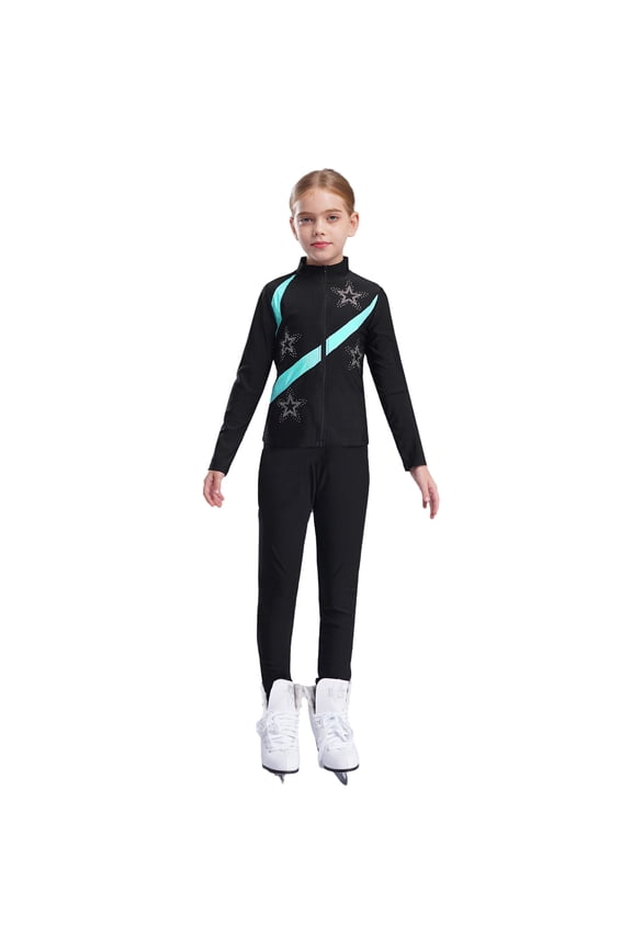 Kids Girls Rhinestones Ice Figure Skating Suit Long Sleeve Stars Print Jacket with Leggings Blue Green 7-8