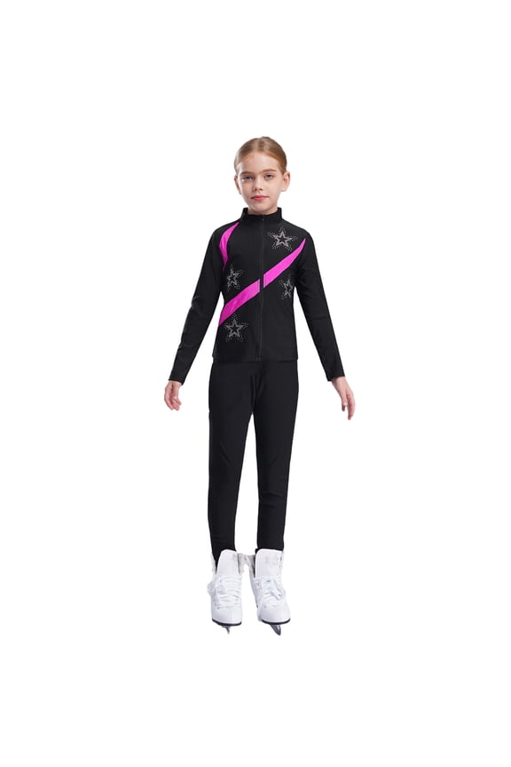 Kids Girls Rhinestones Ice Figure Skating Suit Long Sleeve Stars Print Jacket with Leggings Hot Pink 5-6